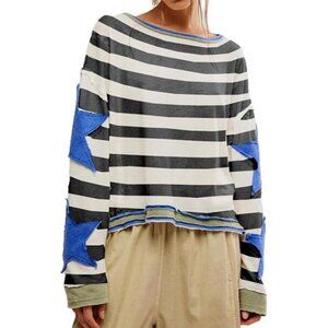 Oversized Black and White Striped Sweatshirt with Blue Star Y2K-style Pullover
